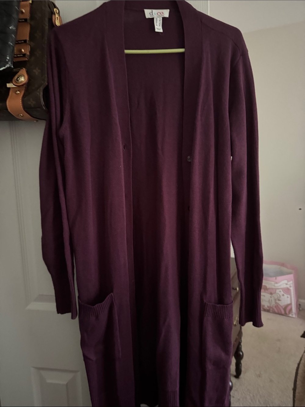 d.e.c.o. Long Open-Front Cardigan Sweater in Plum